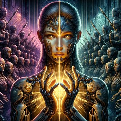 The primary subject of the image is a woman with a futuristic, cyborg-like appearance. She is surrounded by a crowd of people, some of whom are also depicted as cyborgs. The setting appears to be a futuristic cityscape, with the woman and her cyborg companions standing out against the backdrop. The visual style of the image is a combination of digital art and illustration, creating a striking and unique scene. The dominant colors in the image are a mix of metallic tones and
